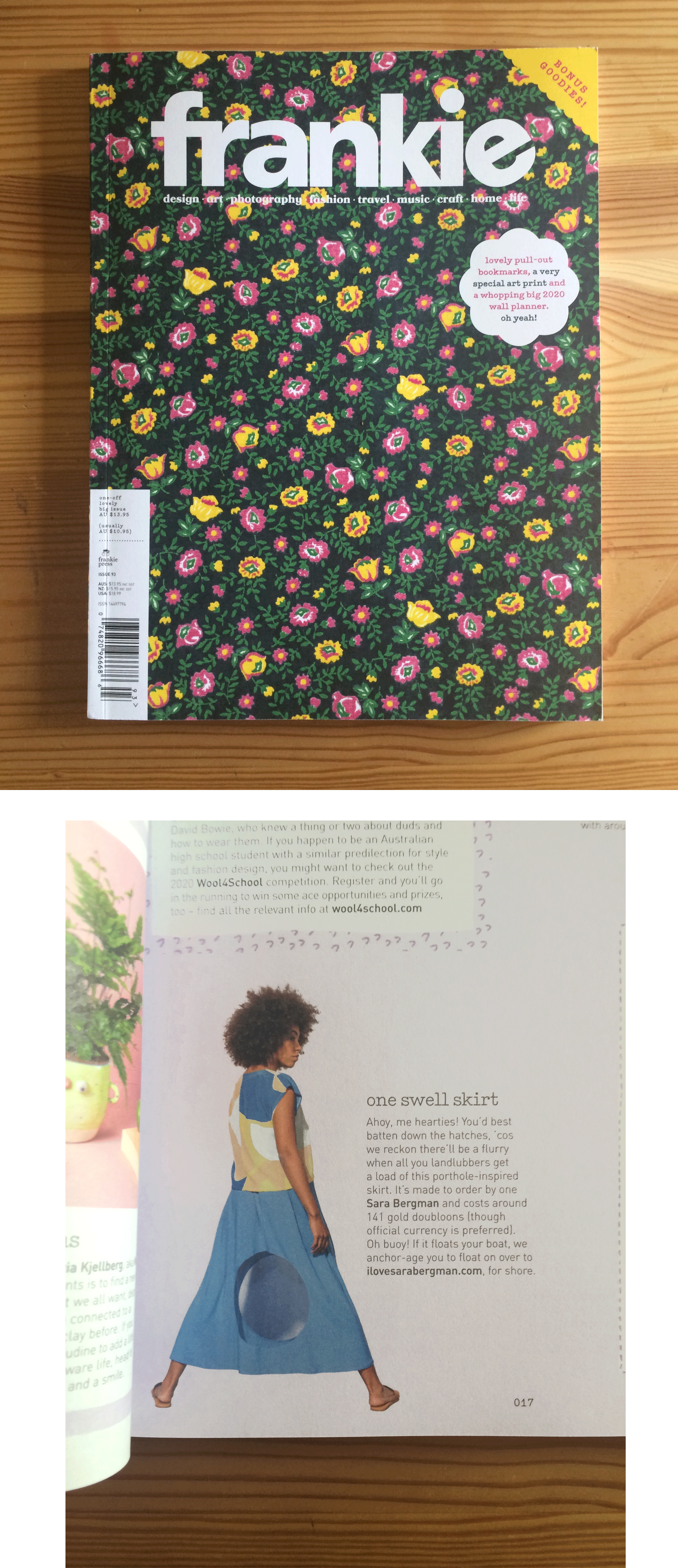 Floral-patterned magazine cover with 'frankie' branding on a wooden surface.