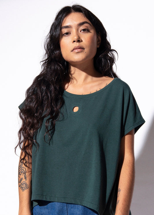 Woman wearing a green top and blue jeans against a white background