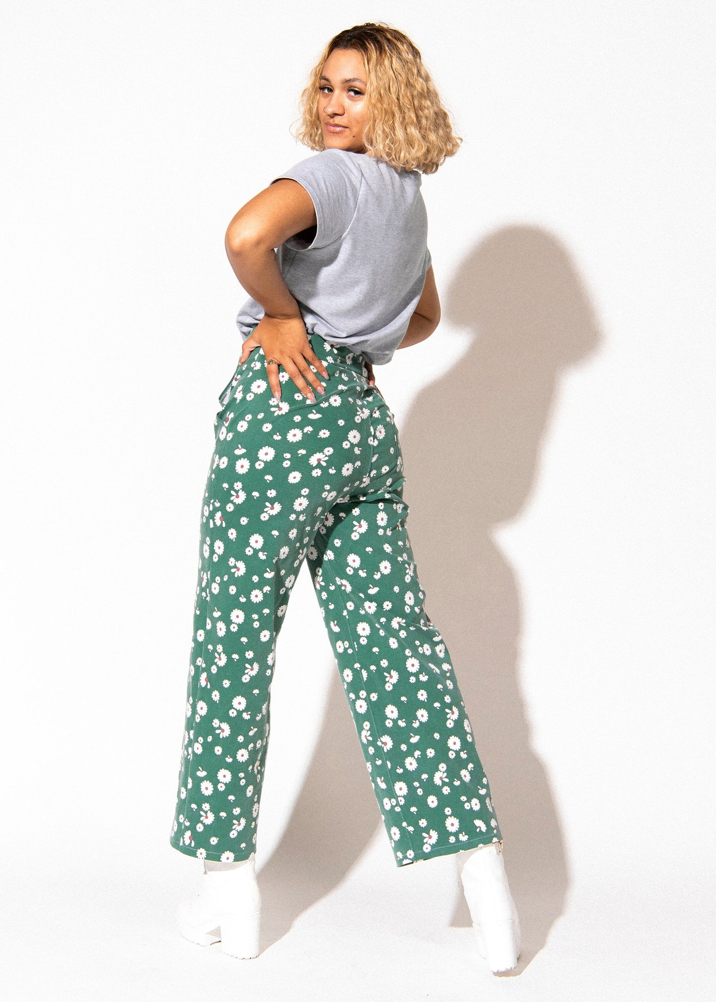 Daisy Wide Leg Jeans | Green Floral High Waisted Pants