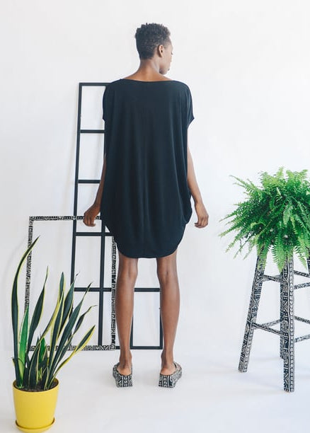 Windowpane Cowl Mini Dress | Black and Sheer Drapey Dress